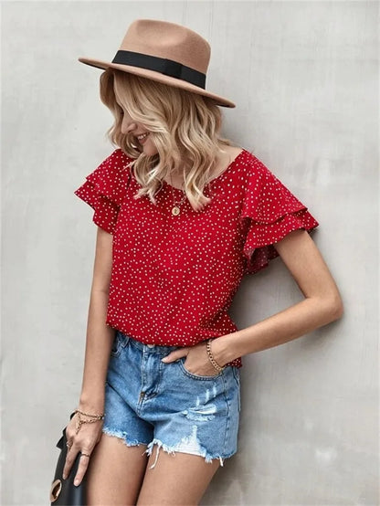 Women’s Digital Print Polka Dot Ruffle Sleeve T-Shirt